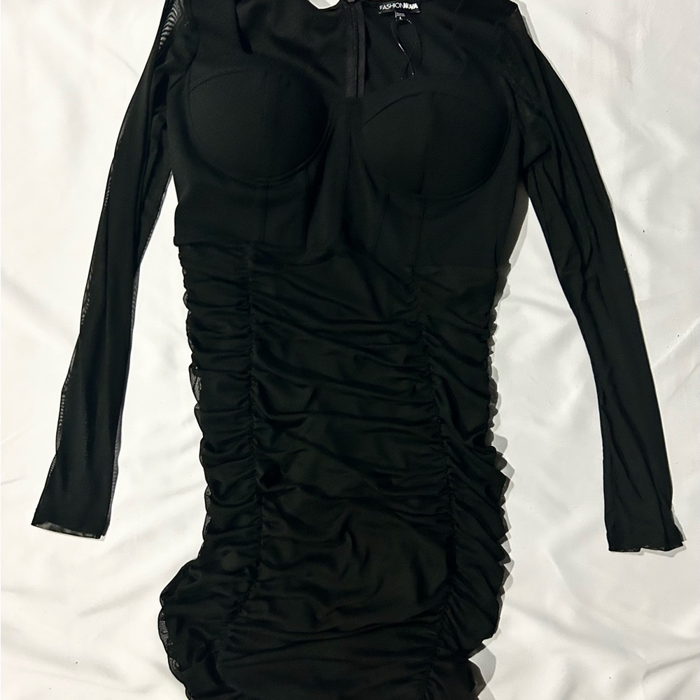 Fashion Nova Black Long Sleeve Ruched Dress